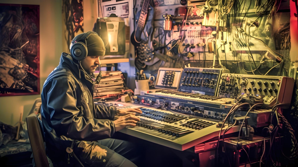 A muscian with his synthesizer setup interconnected using MIDI