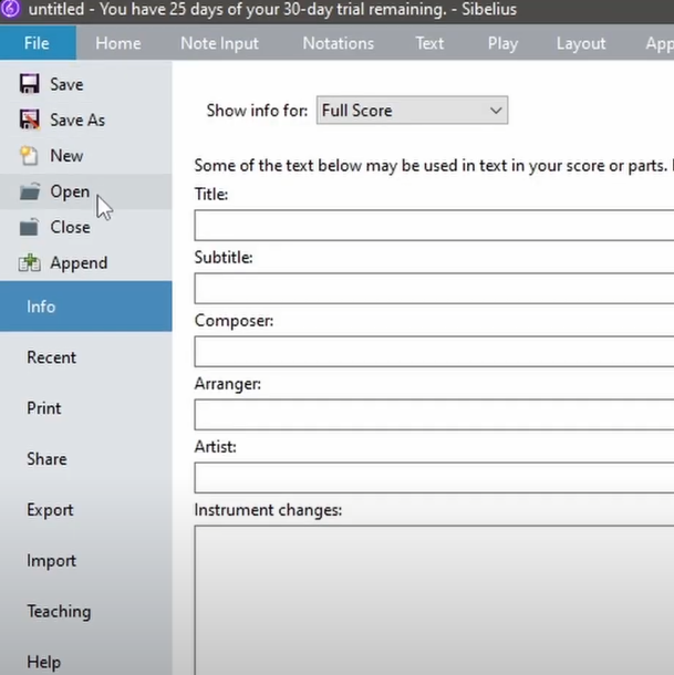 Opening a MusicXML file with Sibelius.