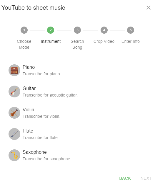 Select either Piano, Guitar, Violin, Flute or Saxophone